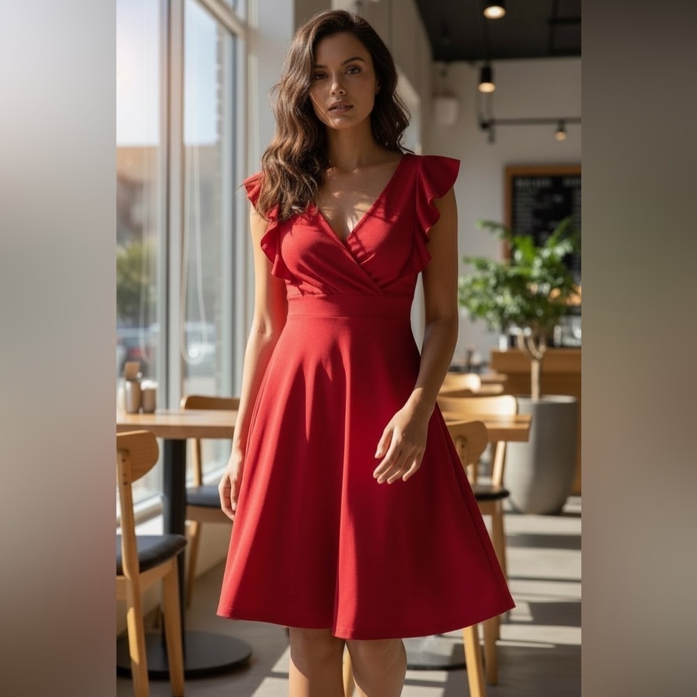 Arula Red Mini Dress A-line Ruffle Bow V-neck False Wrap Size 1X NWT